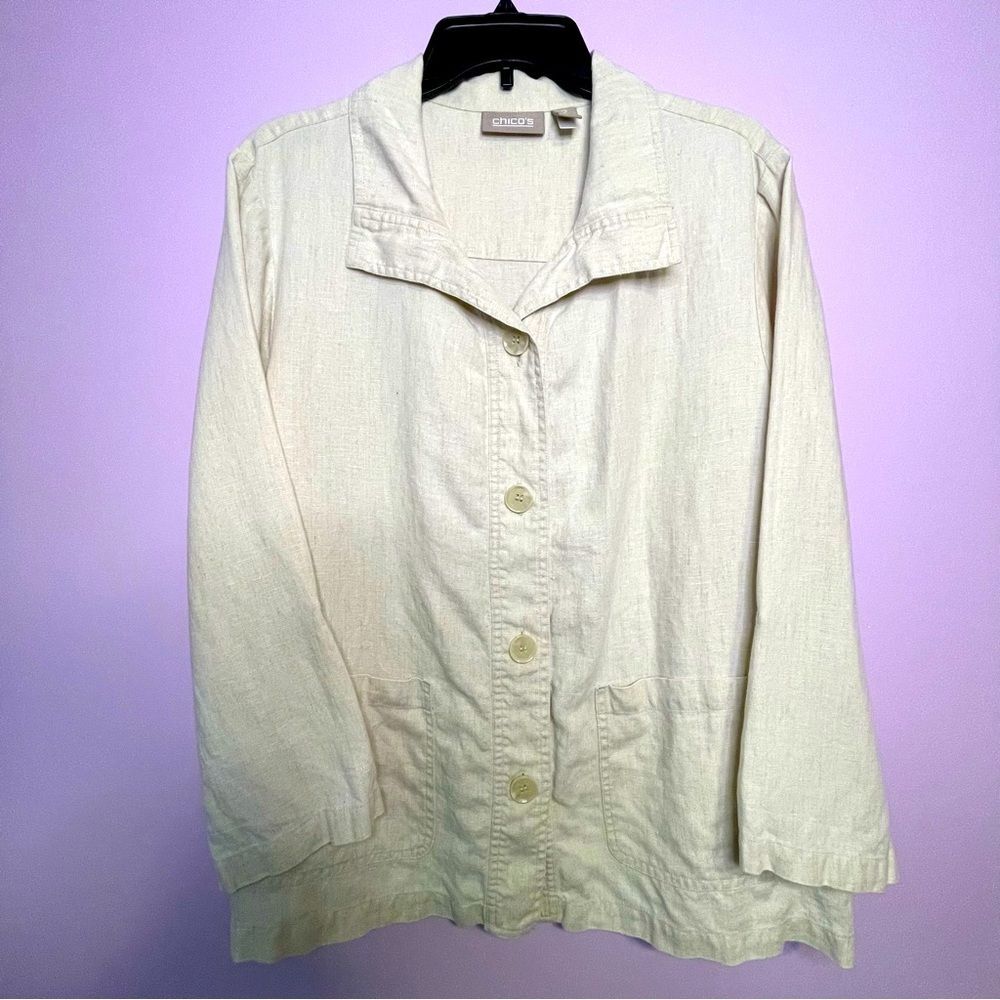 Chico's 100% Linen Jacket Cardigan Breezy Beige Lagenlook Button Collar Large